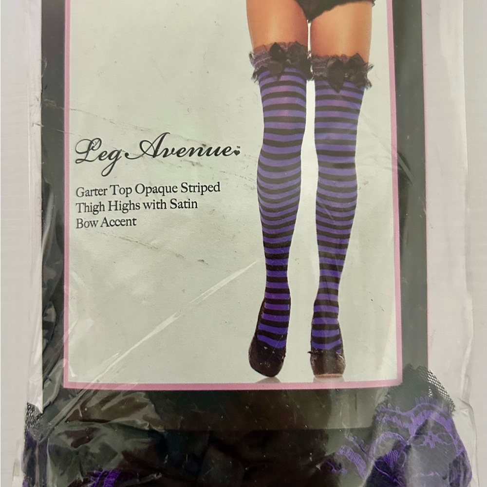 Leg Avenue Black and Purple Striped Thigh Highs with Lace
